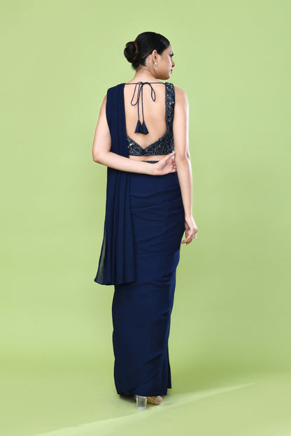 Designer Wear Navy Blue Georgette Drape Saree