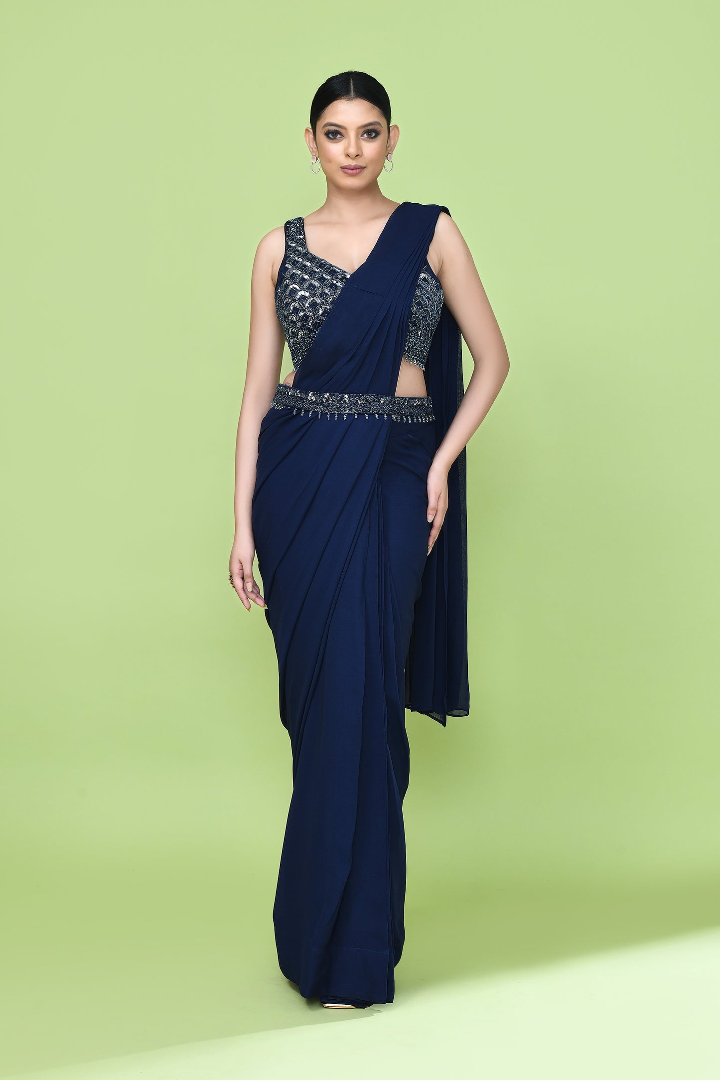 Designer Wear Navy Blue Georgette Drape Saree