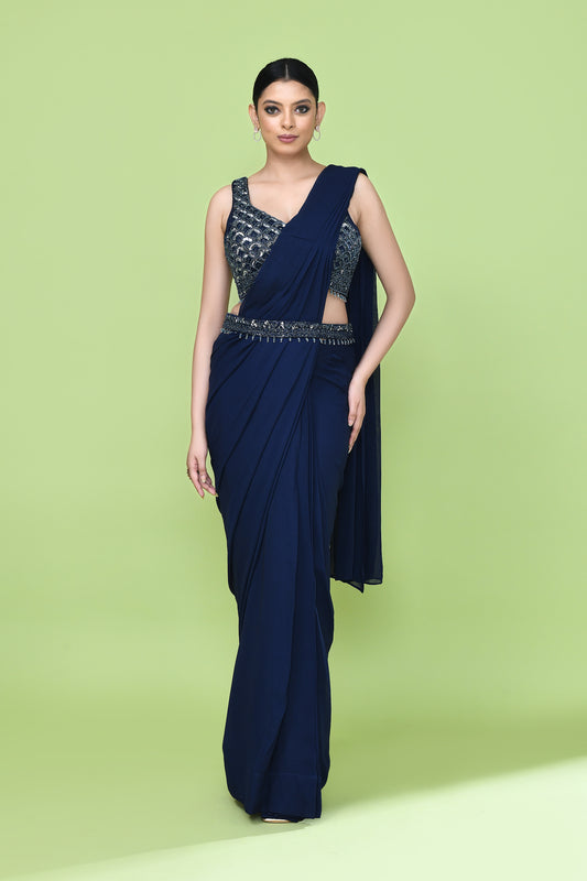 Designer Wear Navy Blue Georgette Drape Saree