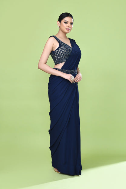 Designer Wear Navy Blue Georgette Drape Saree