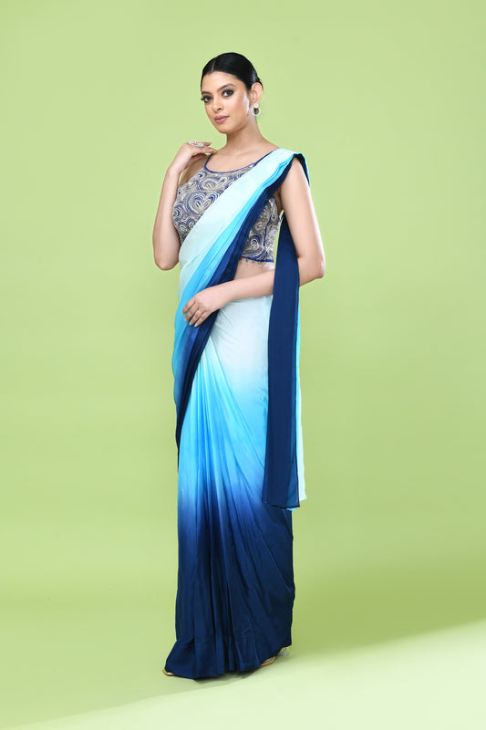 Designer Wear White and Blue Chinon Chiffon Drape Saree