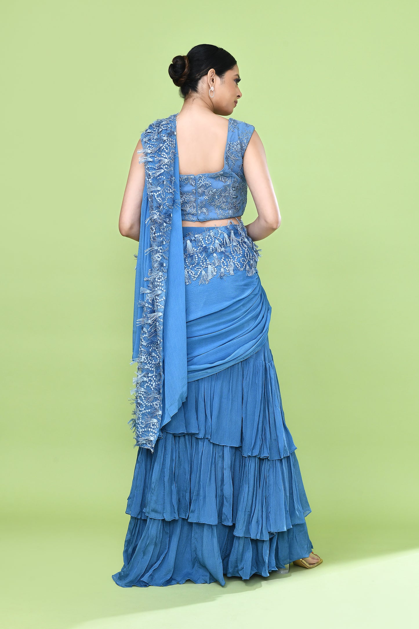 Designer Wear Blue Chinon Drape Saree