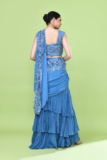 Designer Wear Blue Chinon Drape Saree