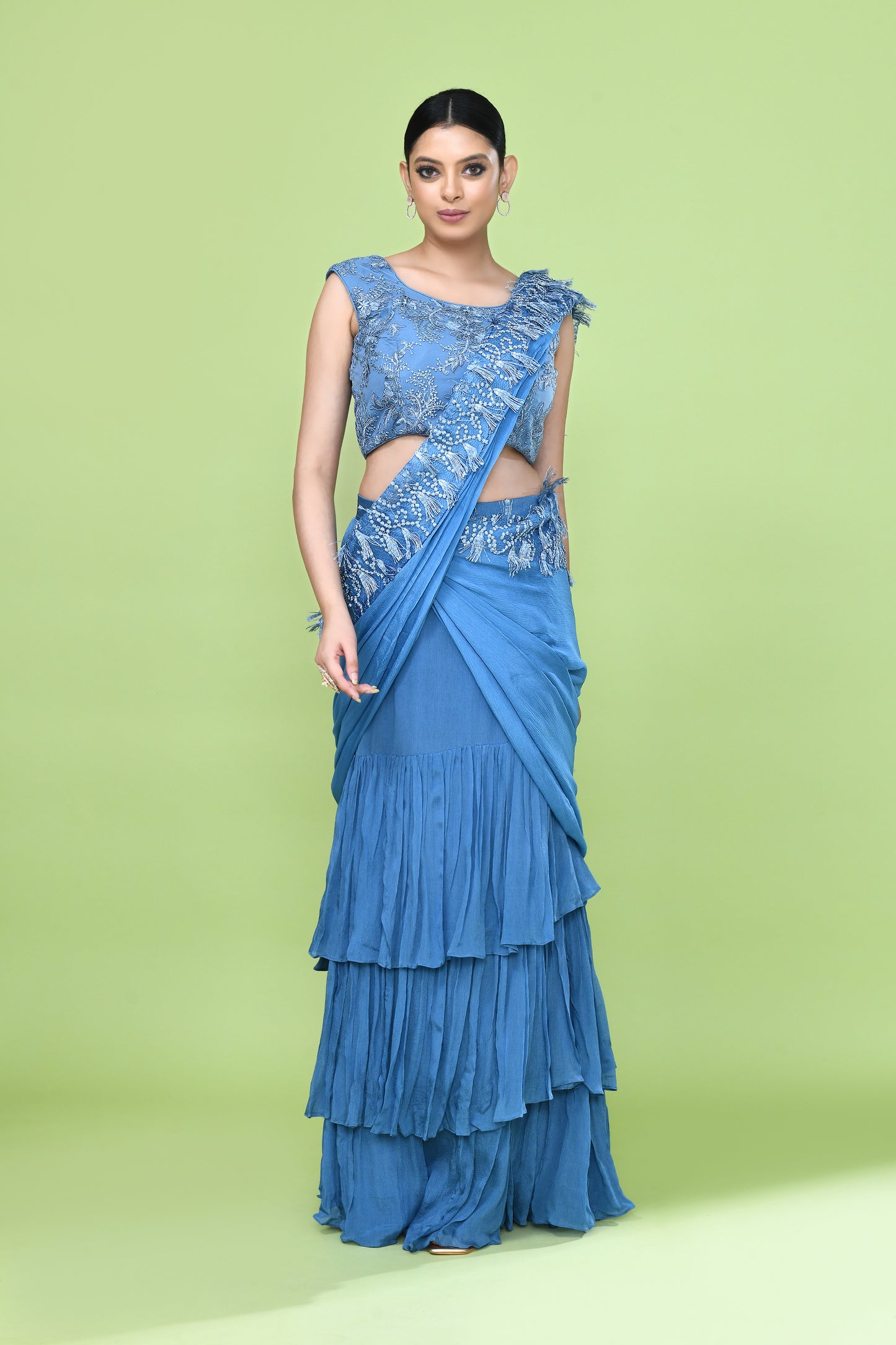 Designer Wear Blue Chinon Drape Saree