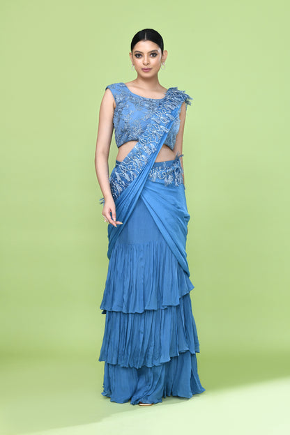Designer Wear Blue Chinon Drape Saree