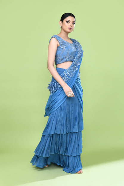 Designer Wear Blue Chinon Drape Saree
