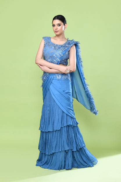 Designer Wear Blue Chinon Drape Saree