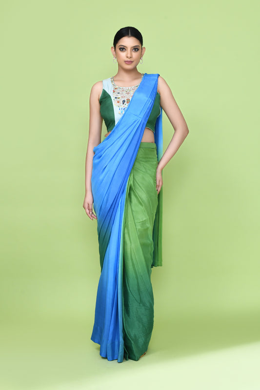 Designer Wear Blue and Green Chinon Chiffon Drape Saree