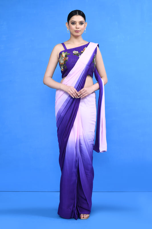Designer Wear Purple and Pink Chinon Chiffon Drape Saree