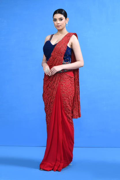 Designer Wear Red Georgette Drape Saree
