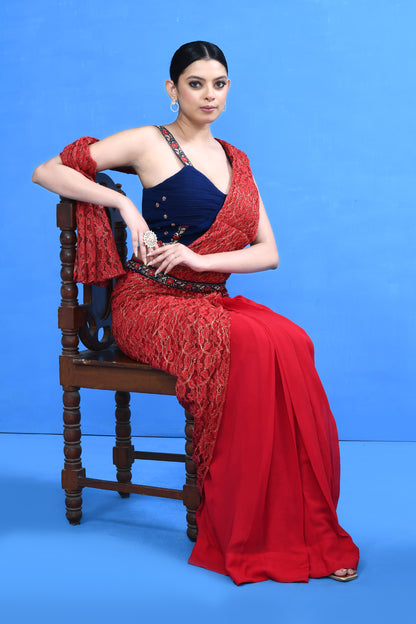 Designer Wear Red Georgette Drape Saree