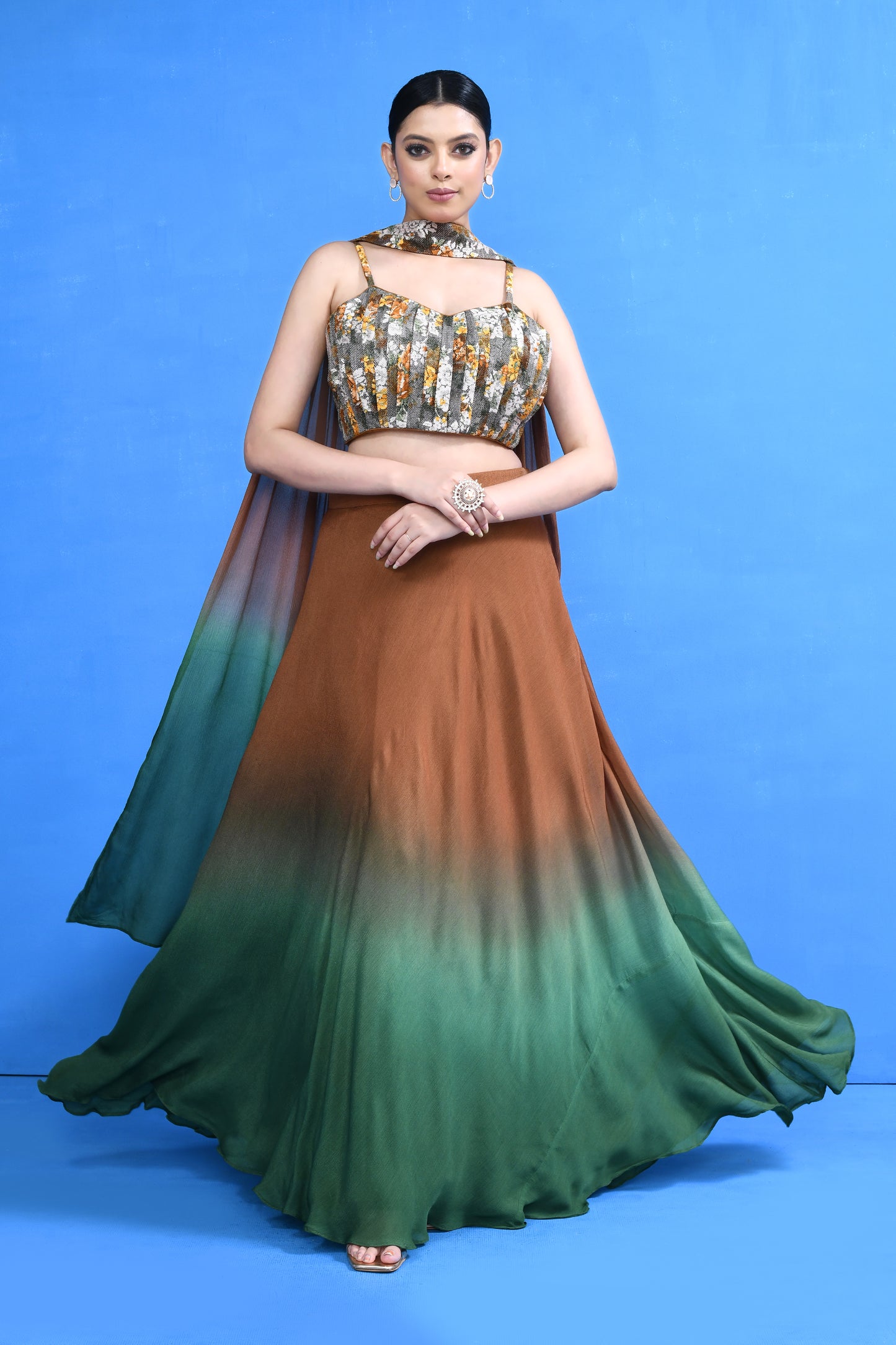 Designer Wear Brown & Green Lehenga Set