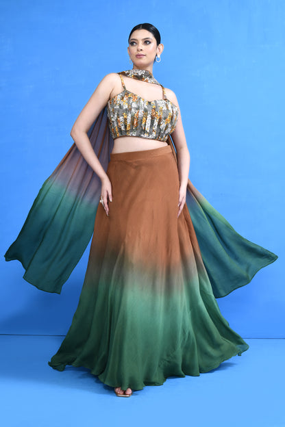 Designer Wear Brown & Green Lehenga Set