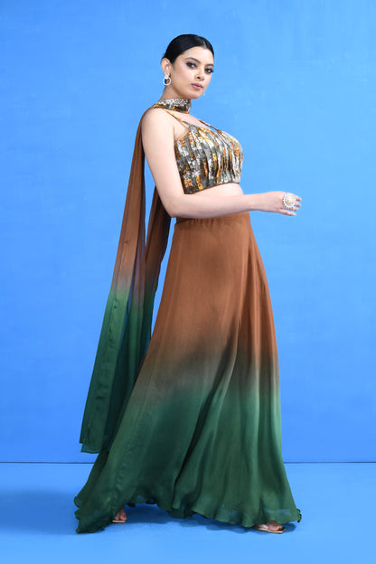 Designer Wear Brown & Green Lehenga Set