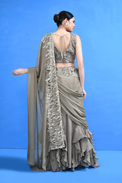 Designer Wear Ruffle Pre-Draped Saree Set