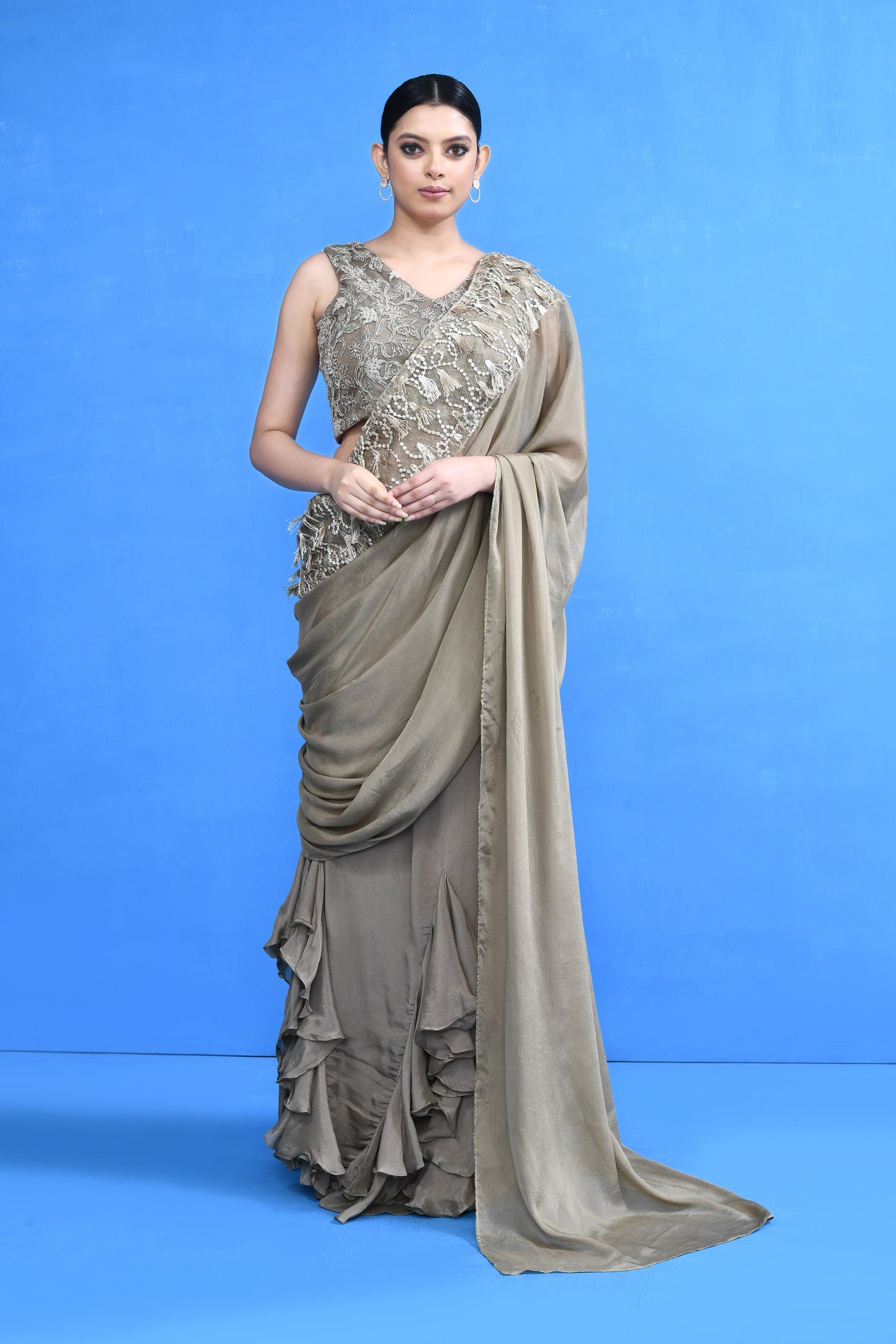 Designer Wear Ruffle Pre-Draped Saree Set