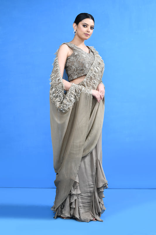 Designer Wear Ruffle Pre-Draped Saree Set