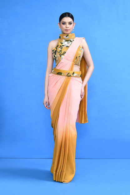 Designer Wear Yellow and Pink Georgette Drape Saree