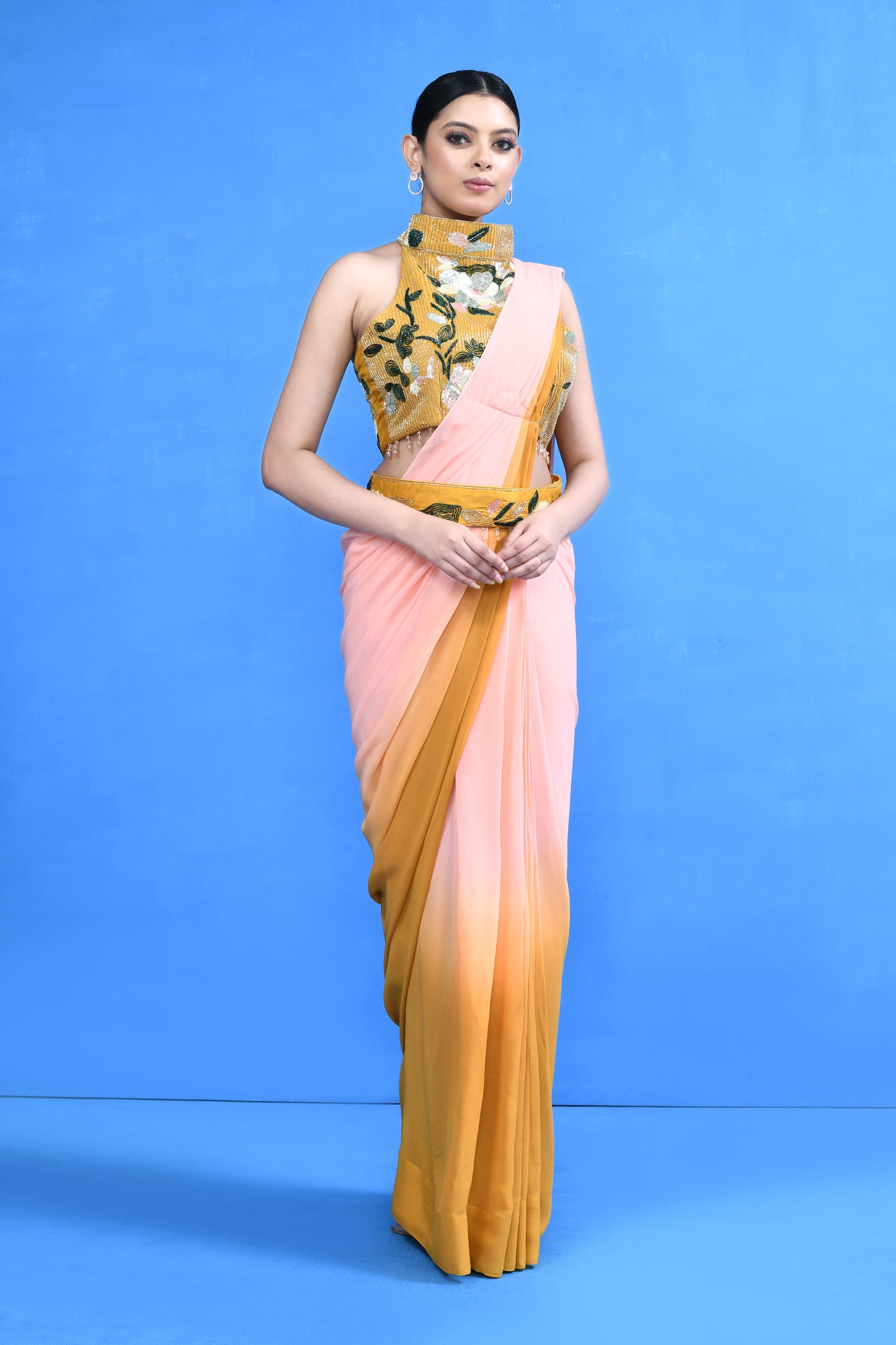 Designer Wear Yellow and Pink Georgette Drape Saree