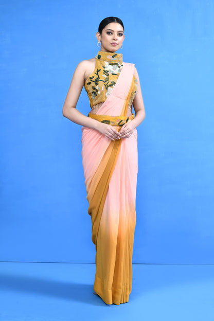 Designer Wear Yellow and Pink Georgette Drape Saree