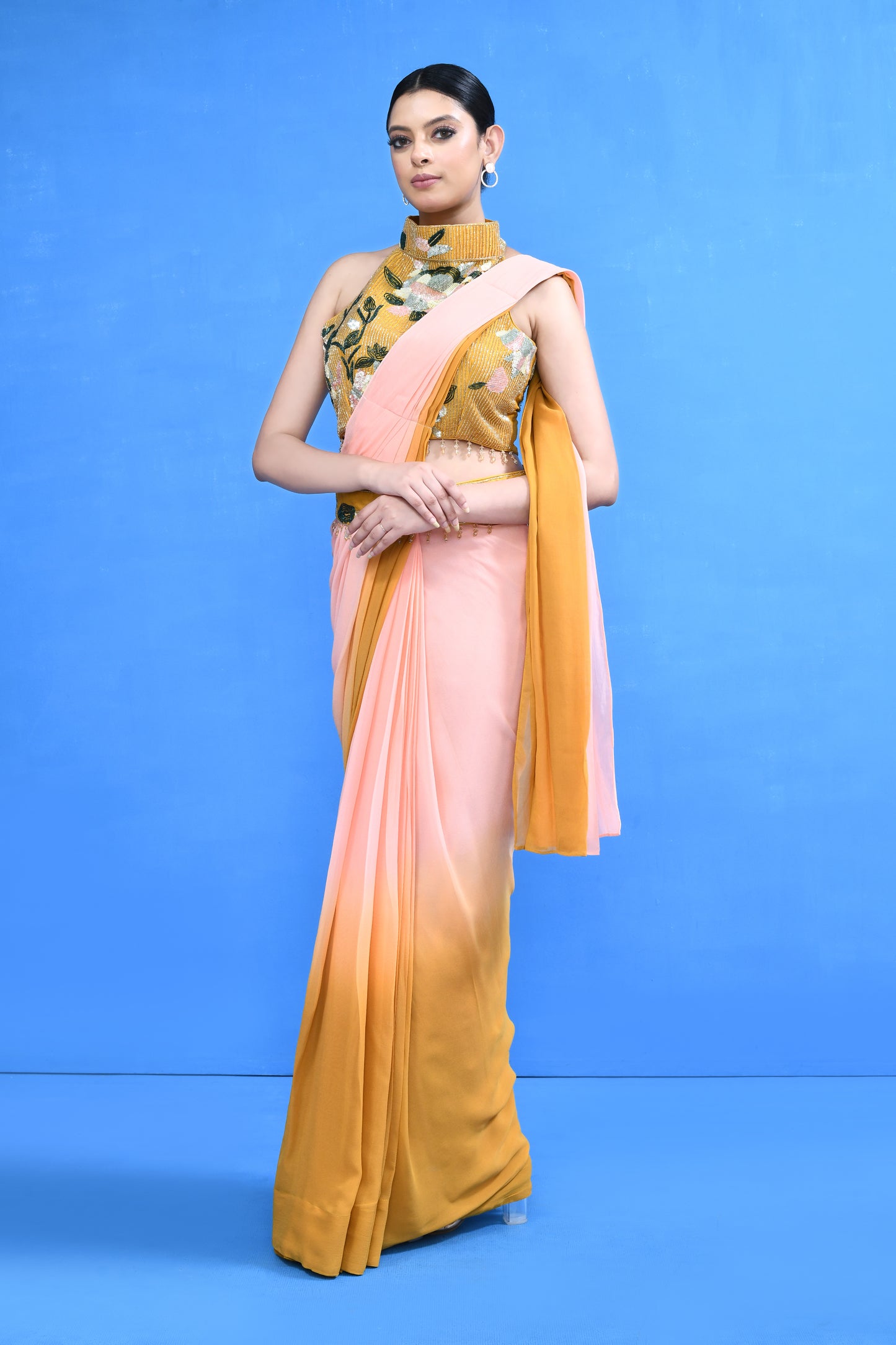 Designer Wear Yellow and Pink Georgette Drape Saree