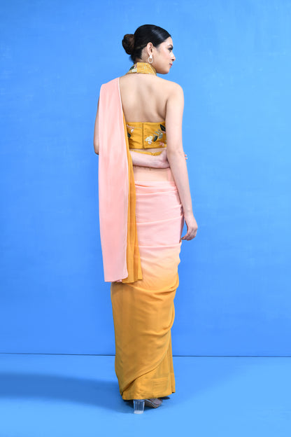 Designer Wear Yellow and Pink Georgette Drape Saree