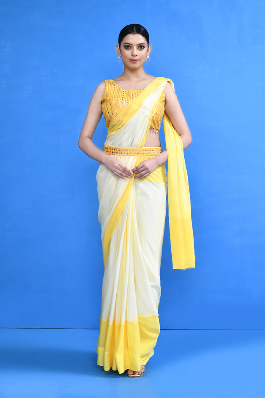 Designer Wear White & Yellow Chinon Chiffon Drape Saree