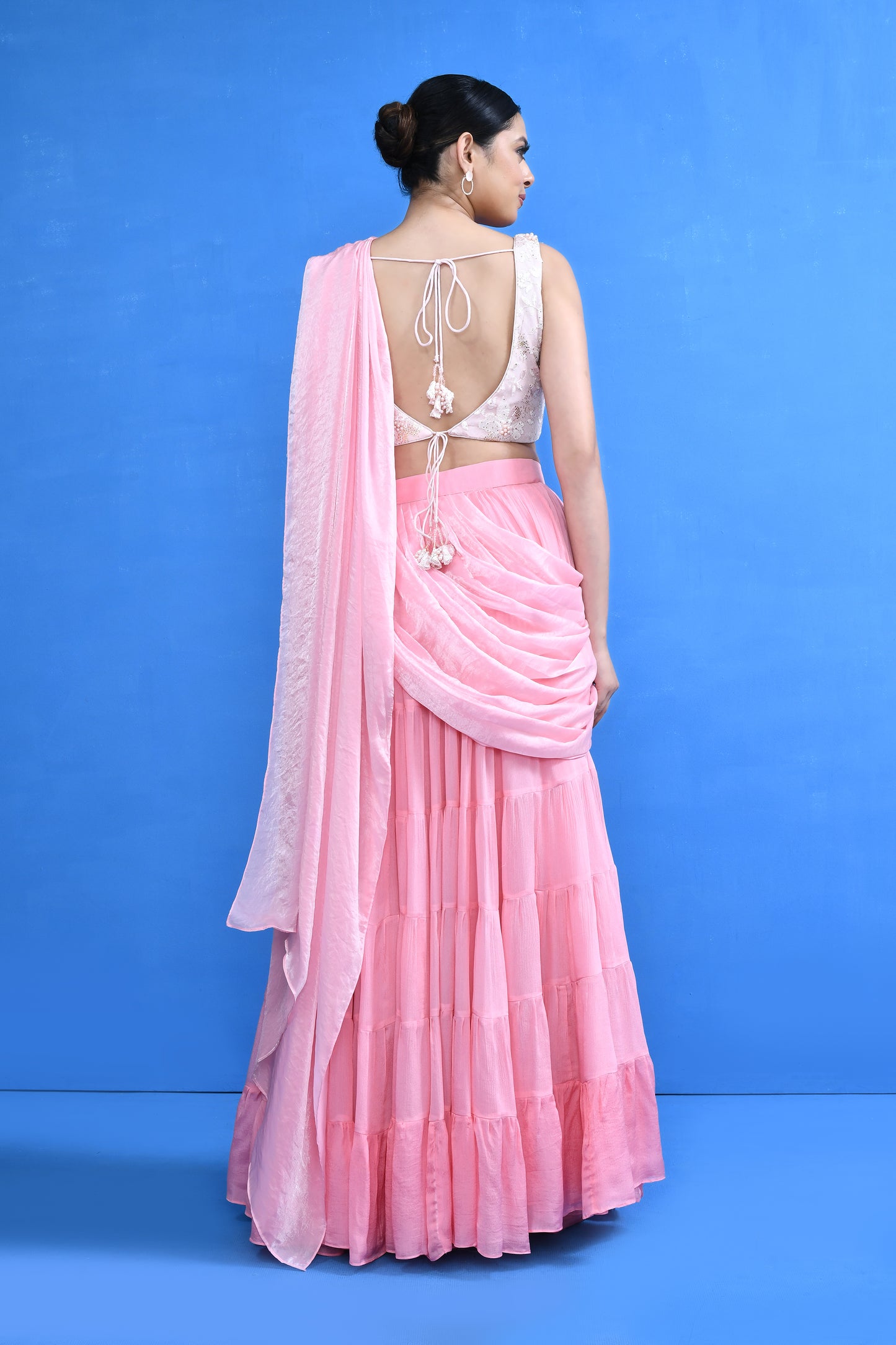 Designer Wear Pink Drape Saree Set