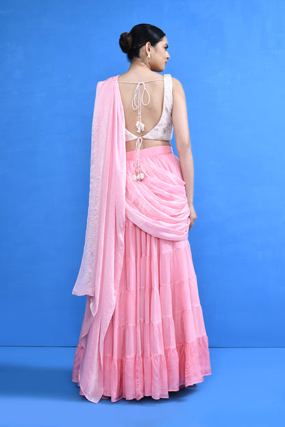 Designer Wear Pink Drape Saree Set