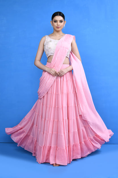 Designer Wear Pink Drape Saree Set