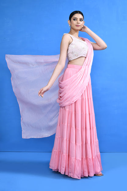 Designer Wear Pink Drape Saree Set