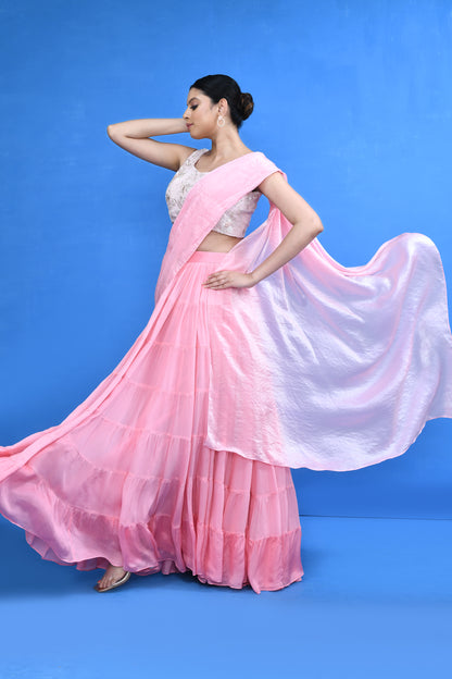 Designer Wear Pink Drape Saree Set