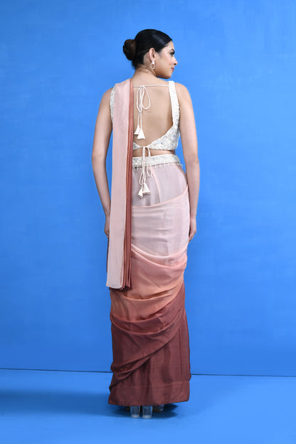 Designer Wear Brown Chinon Chiffon Drape Saree