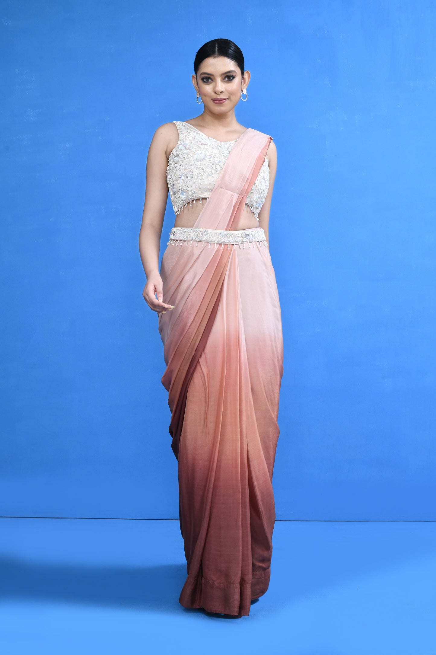 Designer Wear Brown Chinon Chiffon Drape Saree