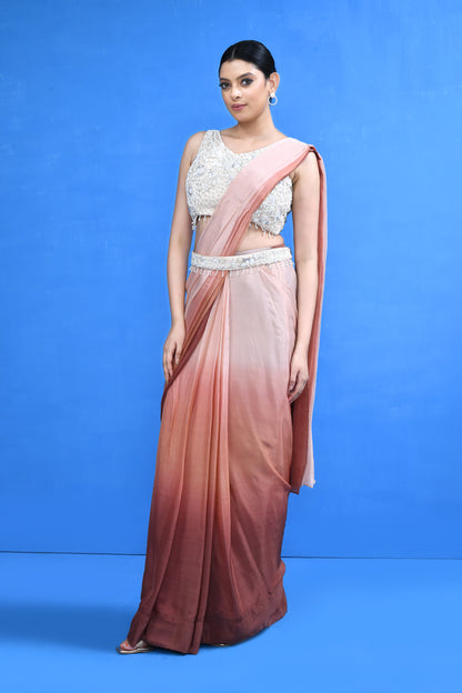 Designer Wear Brown Chinon Chiffon Drape Saree