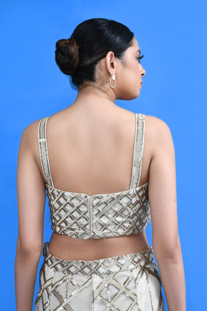 Designer Wear Off White Crop Top and Embellished Palazzo Set