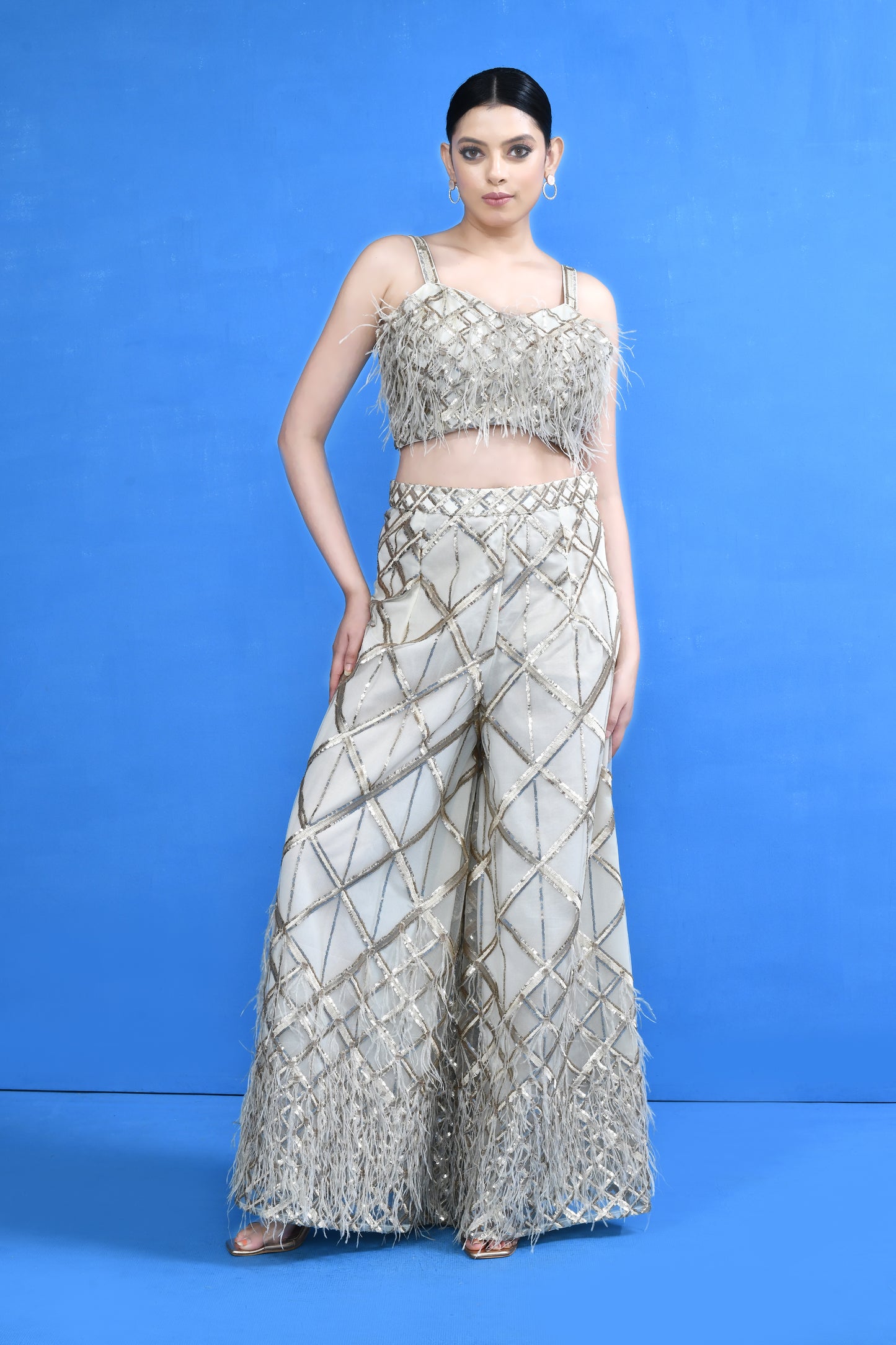 Designer Wear Off White Crop Top and Embellished Palazzo Set