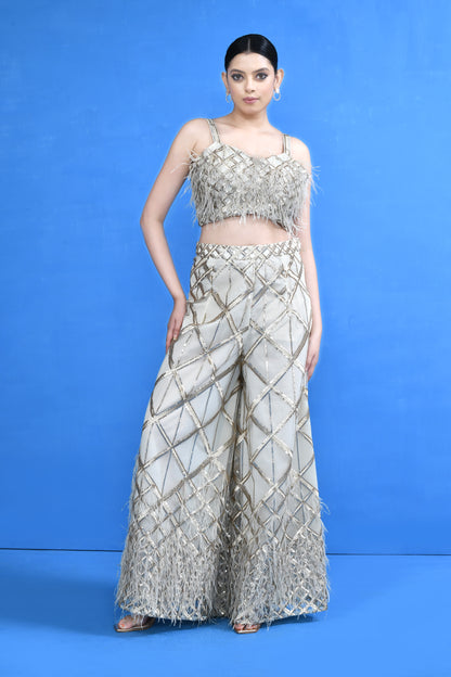 Designer Wear Off White Crop Top and Embellished Palazzo Set