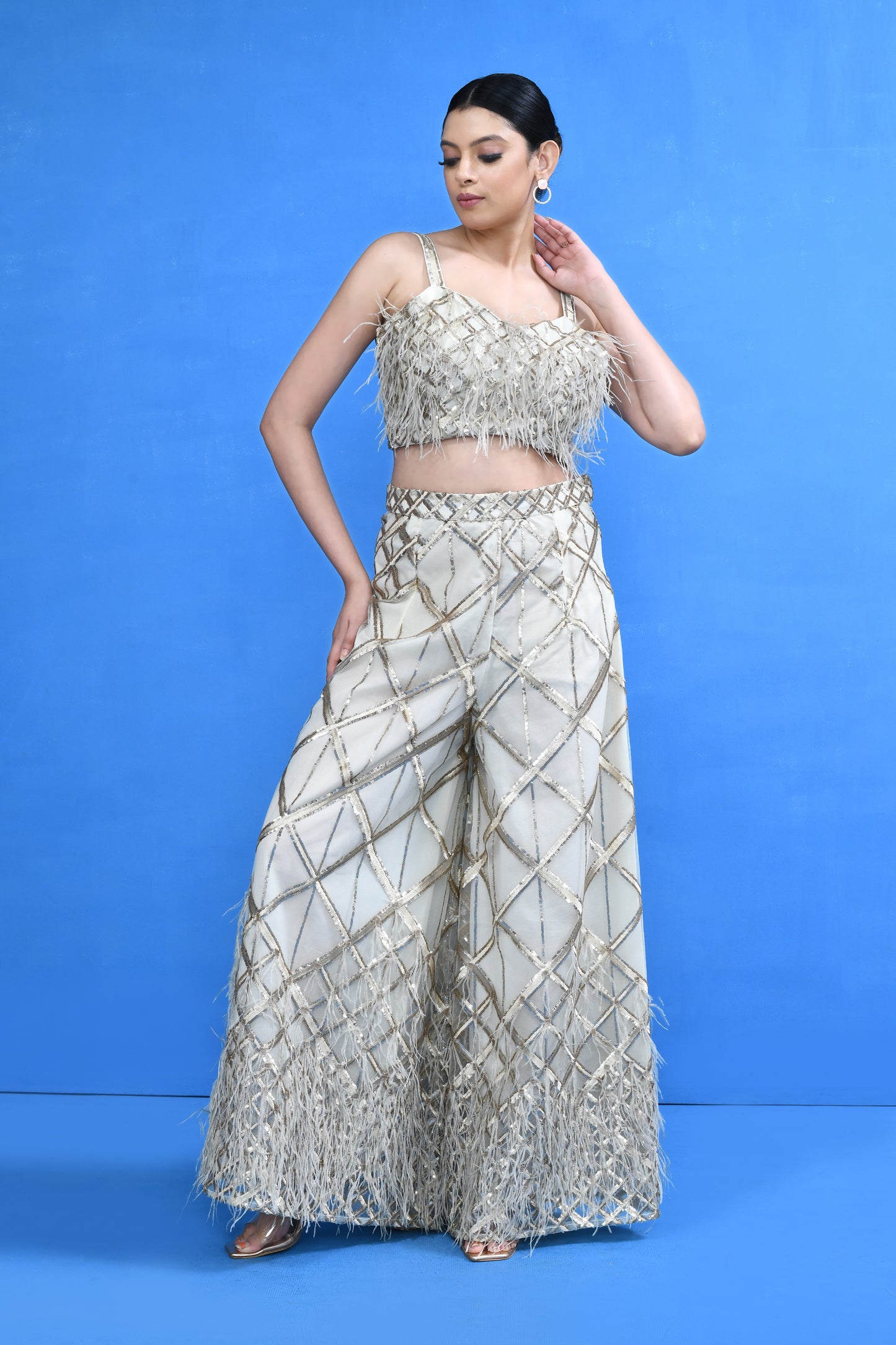 Designer Wear Off White Crop Top and Embellished Palazzo Set