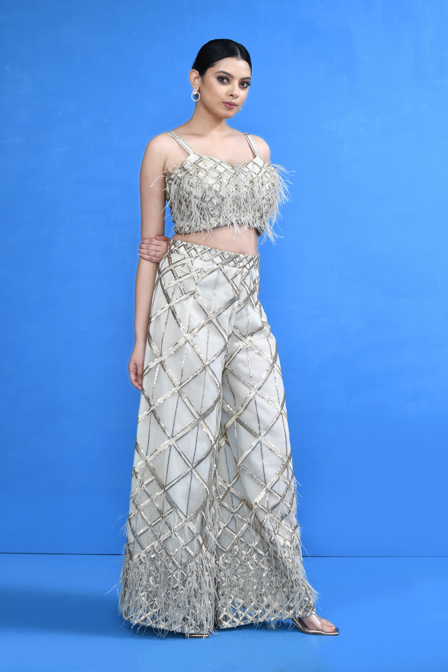 Designer Wear Off White Crop Top and Embellished Palazzo Set