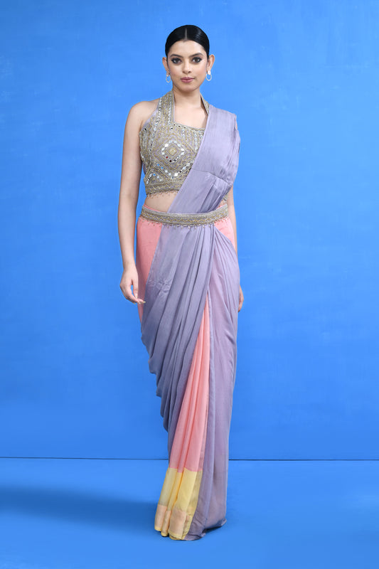 Designer Wear Multicolour Chinon Chiffon Drape Saree