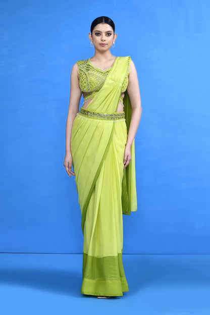 Designer Wear Green Drape Saree