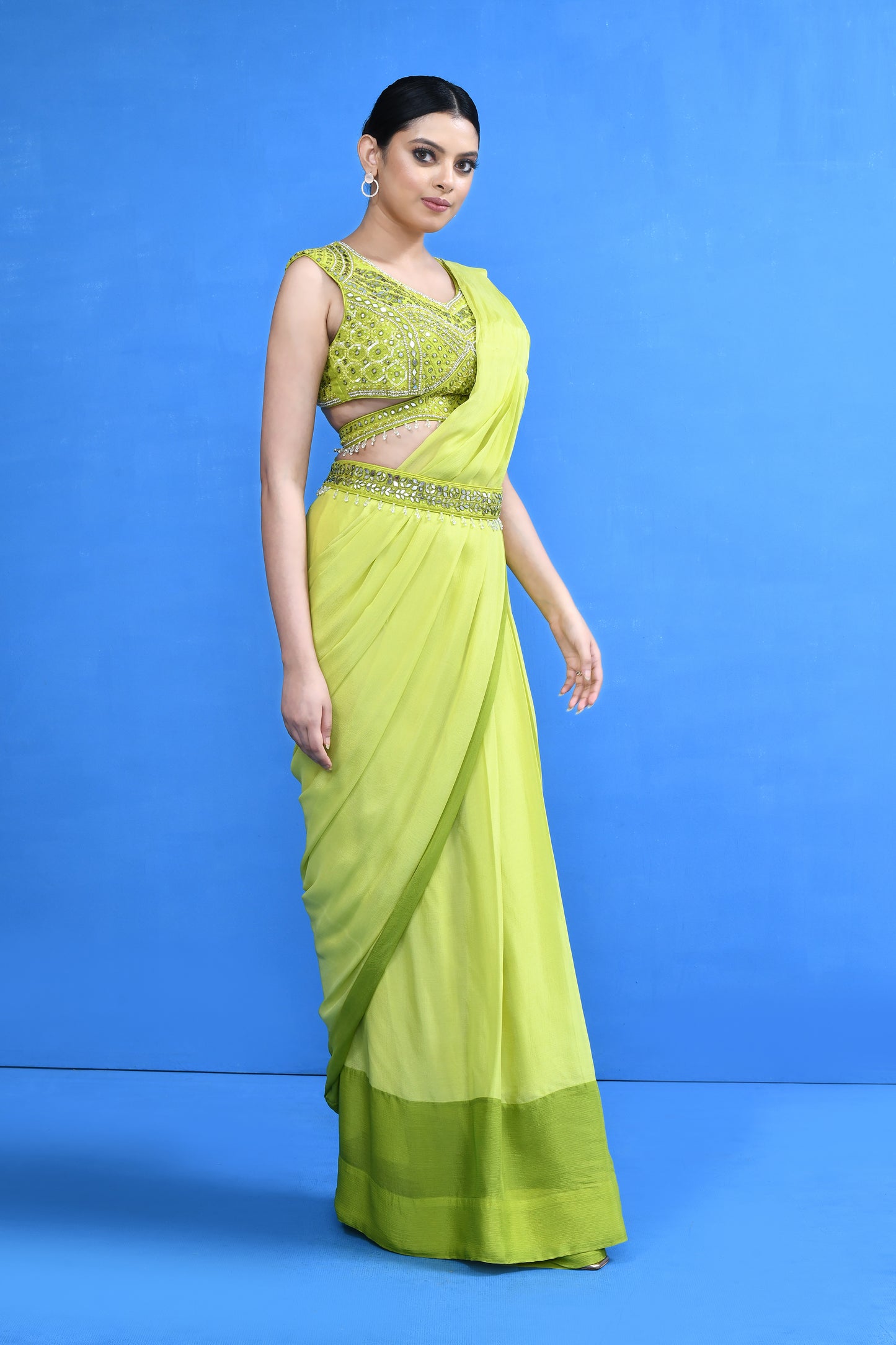Designer Wear Green Drape Saree