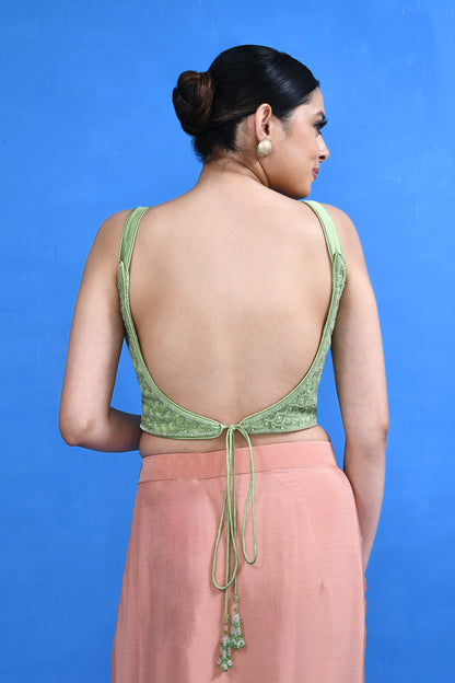 Designer Wear Peach Nova Silk & Chinon Chiffon Drape Saree