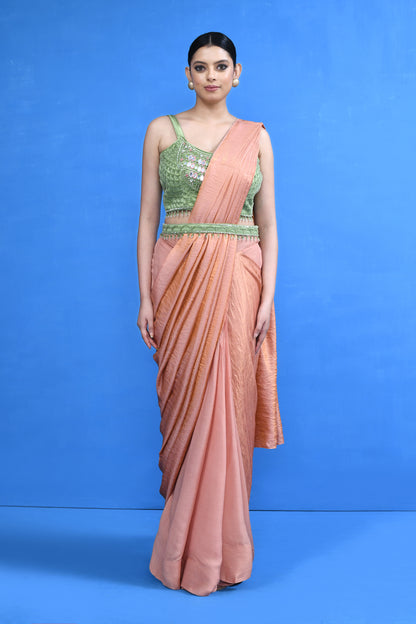 Designer Wear Peach Nova Silk & Chinon Chiffon Drape Saree
