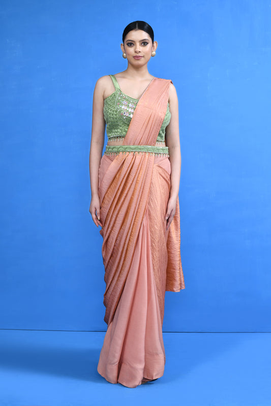 Designer Wear Peach Nova Silk & Chinon Chiffon Drape Saree
