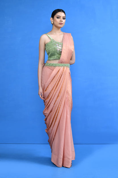 Designer Wear Peach Nova Silk & Chinon Chiffon Drape Saree
