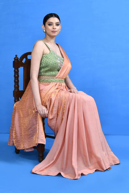Designer Wear Peach Nova Silk & Chinon Chiffon Drape Saree