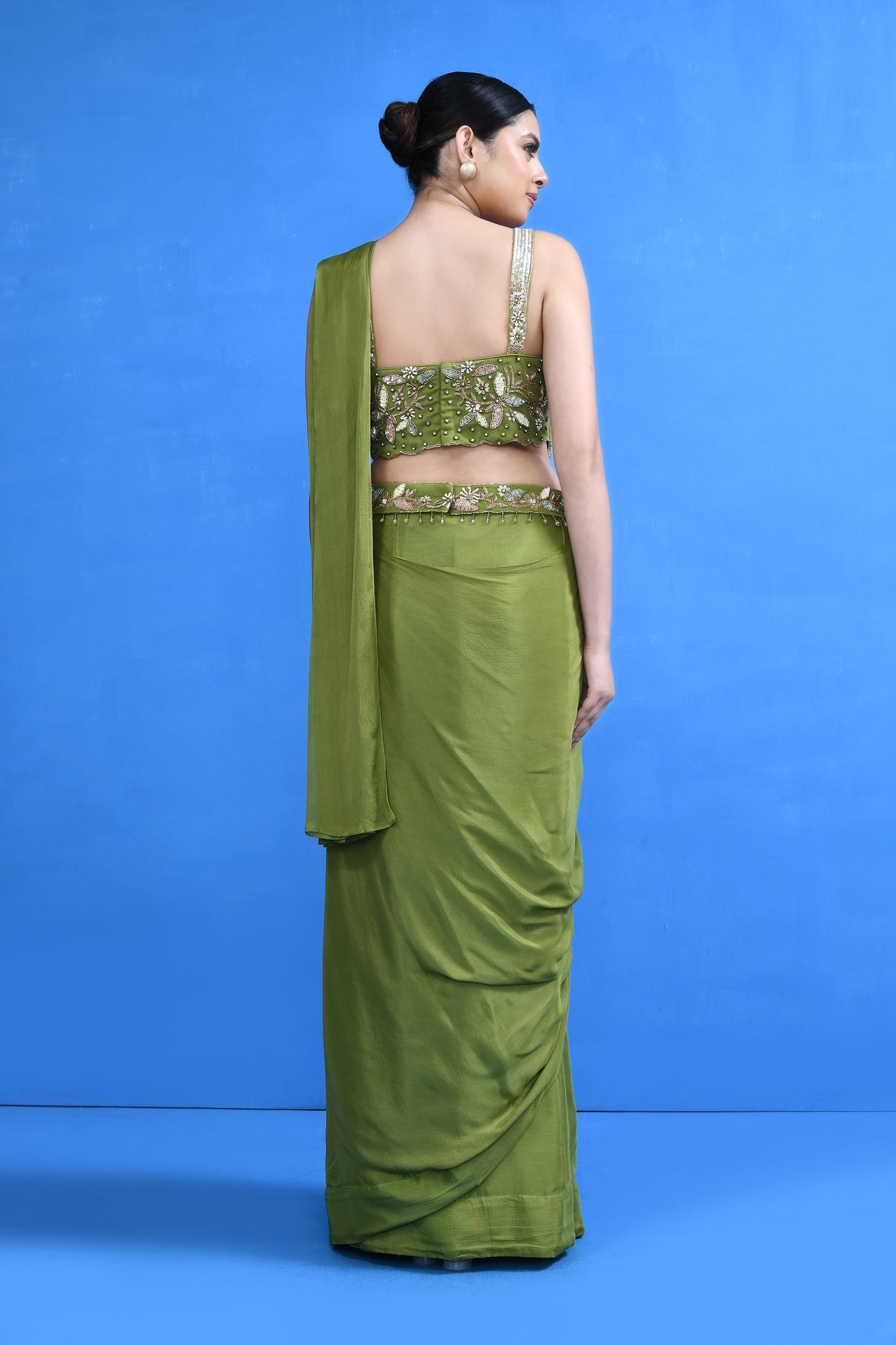 Designer Wear Green Chinon Chiffon Drape Saree