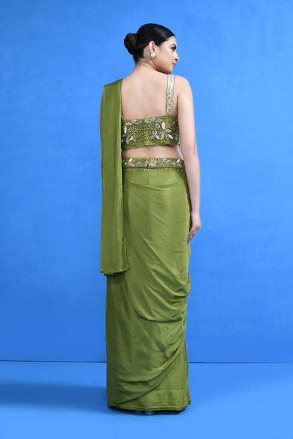 Designer Wear Green Chinon Chiffon Drape Saree